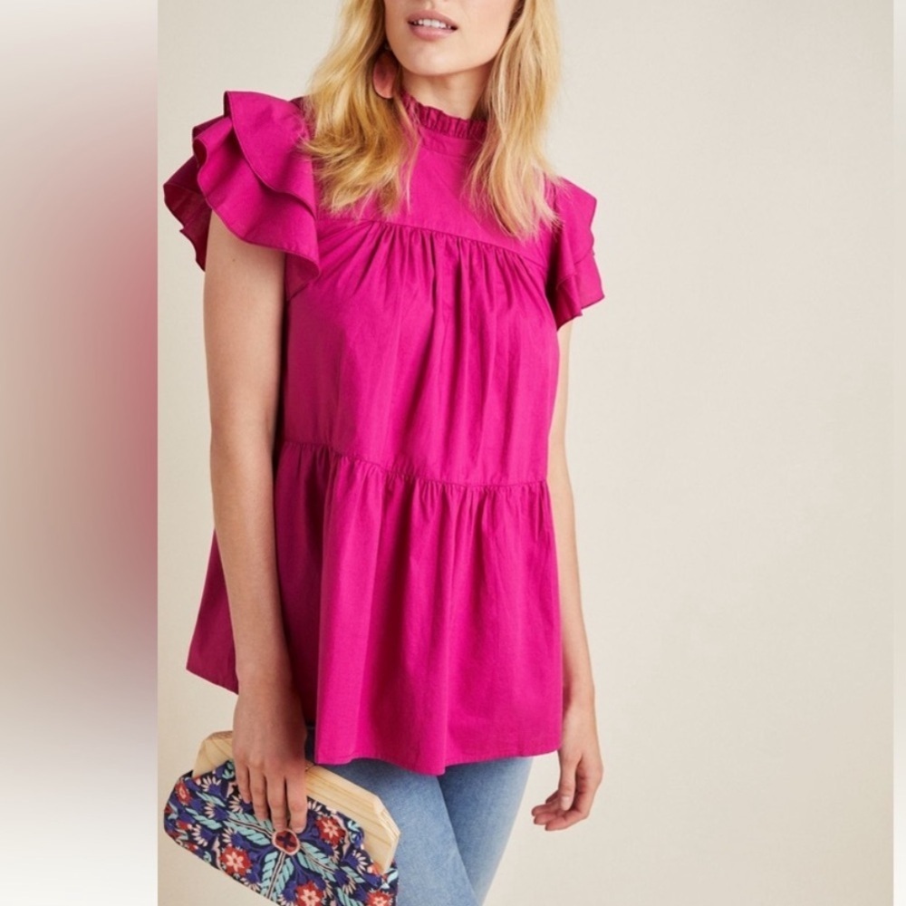 Anthropologie Maeve Ophelia Babydoll Tiered Tunic Top Size XS Magenta Pink
